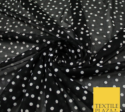 Black Stretch Mesh Net with 4mm White Polka Dots Fabric Dress Craft 60" 9291