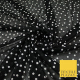 Black Stretch Mesh Net with 4mm White Polka Dots Fabric Dress Craft 60" 9291