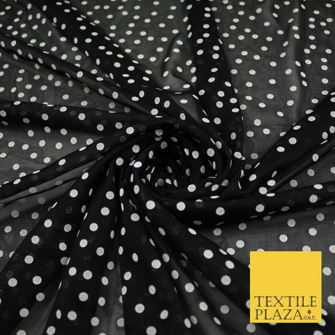 Black Stretch Mesh Net with 4mm White Polka Dots Fabric Dress Craft 60" 9291