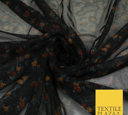 Black Stretch Mesh Net with Floral Print Fabric Dress Craft Decor 61" 9298