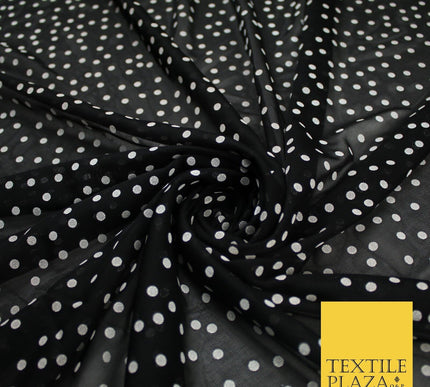 Black Stretch Mesh Net with 4mm White Polka Dots Fabric Dress Craft 60" 9291