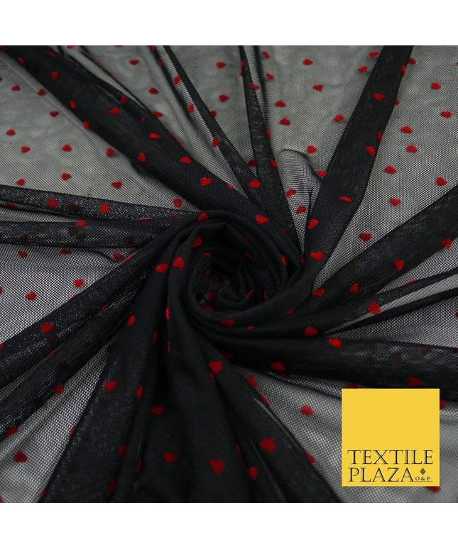 Black Stretch Mesh Net with 5mm Red Hearts Valentines Fabric Dress 61" 9294