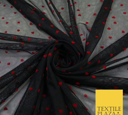 Black Stretch Mesh Net with 5mm Red Hearts Valentines Fabric Dress 61" 9294