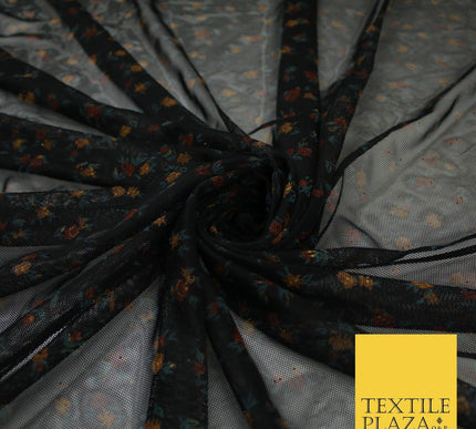 Black Stretch Mesh Net with Floral Print Fabric Dress Craft Decor 61" 9298