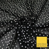 Black Stretch Mesh Net with 4mm White Polka Dots Fabric Dress Craft 60" 9291