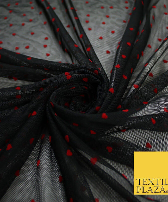 Black Stretch Mesh Net with 5mm Red Hearts Valentines Fabric Dress 61" 9294