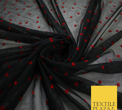 Black Stretch Mesh Net with 5mm Red Hearts Valentines Fabric Dress 61" 9294