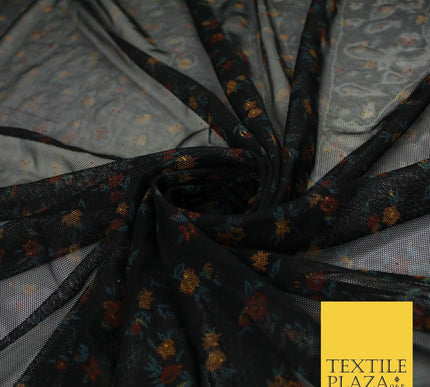 Black Stretch Mesh Net with Floral Print Fabric Dress Craft Decor 61" 9298