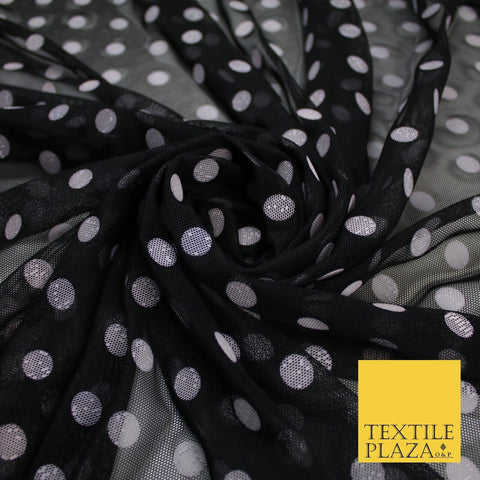Black Stretch Mesh Net with 1cm Light Pink Polka Dots Fabric Dress 62" 9292