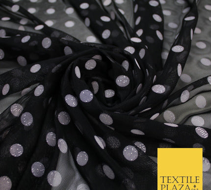 Black Stretch Mesh Net with 1cm Light Pink Polka Dots Fabric Dress 62" 9292