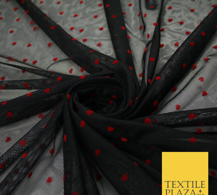 Black Stretch Mesh Net with 5mm Red Hearts Valentines Fabric Dress 61" 9294