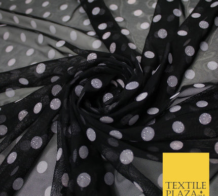 Black Stretch Mesh Net with 1cm Light Pink Polka Dots Fabric Dress 62" 9292