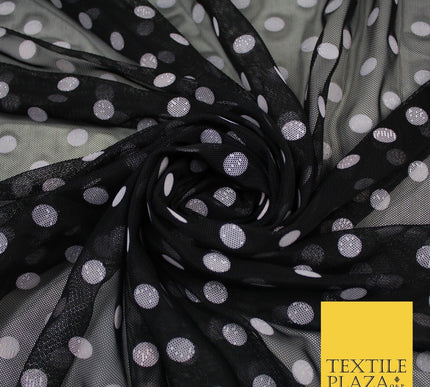 Black Stretch Mesh Net with 1cm Light Pink Polka Dots Fabric Dress 62" 9292