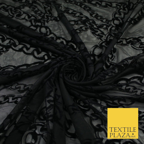 Black Stretch Mesh Net with Flocked Chains Design Fabric Dress Craft 57" 9290