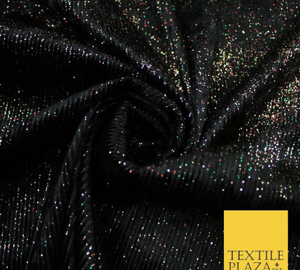 Black with Multicolour Metallic Glitter Stripes Velvet Fabric Stretch 60" 9288