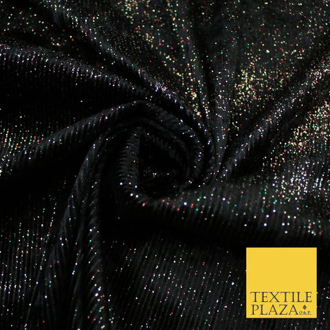 Black with Multicolour Metallic Glitter Stripes Velvet Fabric Stretch 60" 9288