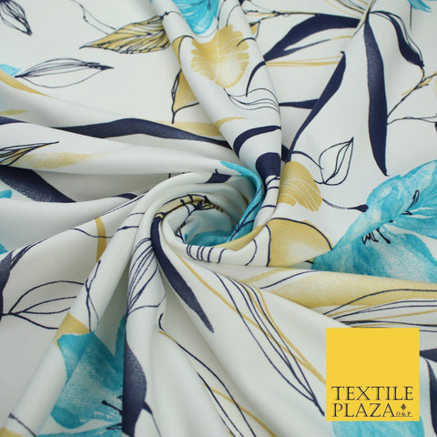 Off White with Blue Large Flower Leaf Print Stretch Jersey Fabric 58" WIDE 9284