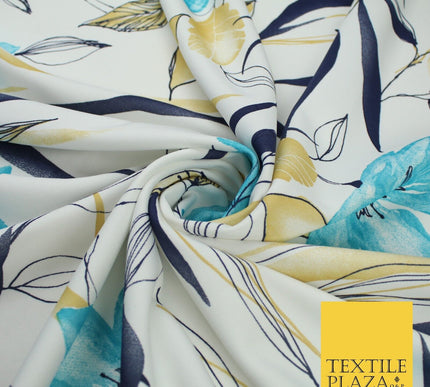 Off White with Blue Large Flower Leaf Print Stretch Jersey Fabric 58" WIDE 9284
