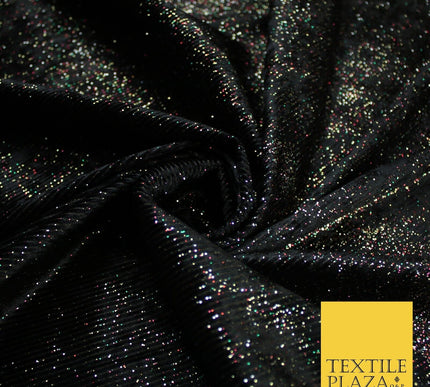Black with Multicolour Metallic Glitter Stripes Velvet Fabric Stretch 60" 9288