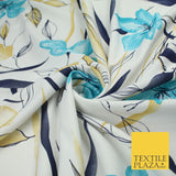 Off White with Blue Large Flower Leaf Print Stretch Jersey Fabric 58" WIDE 9284