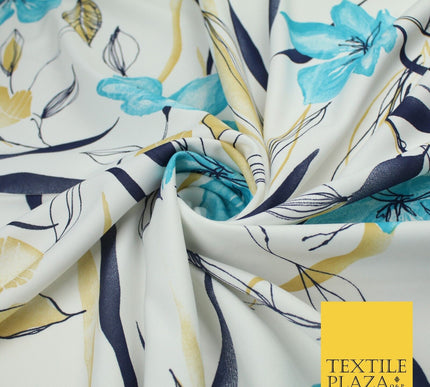 Off White with Blue Large Flower Leaf Print Stretch Jersey Fabric 58" WIDE 9284