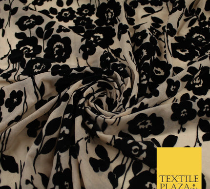 Beige with Black Flocked Flowers Soft Lightweight Jersey Stretch Fabric 58" 9289