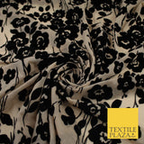 Beige with Black Flocked Flowers Soft Lightweight Jersey Stretch Fabric 58" 9289