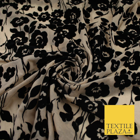 Beige with Black Flocked Flowers Soft Lightweight Jersey Stretch Fabric 58" 9289