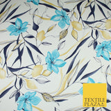 Off White with Blue Large Flower Leaf Print Stretch Jersey Fabric 58" WIDE 9284
