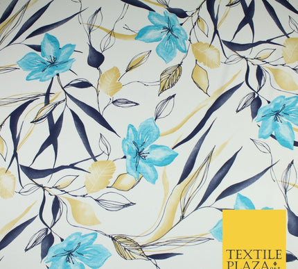 Off White with Blue Large Flower Leaf Print Stretch Jersey Fabric 58" WIDE 9284