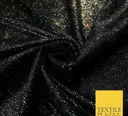 Black with Multicolour Metallic Glitter Stripes Velvet Fabric Stretch 60" 9288