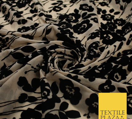 Beige with Black Flocked Flowers Soft Lightweight Jersey Stretch Fabric 58" 9289