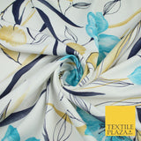 Off White with Blue Large Flower Leaf Print Stretch Jersey Fabric 58" WIDE 9284