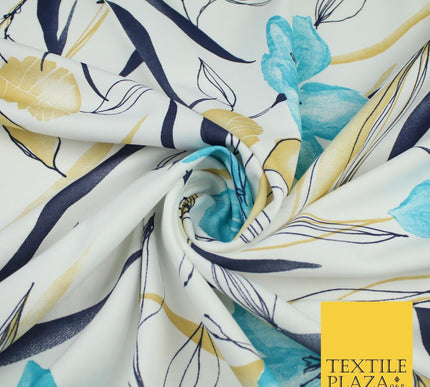 Off White with Blue Large Flower Leaf Print Stretch Jersey Fabric 58" WIDE 9284