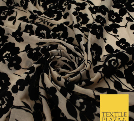 Beige with Black Flocked Flowers Soft Lightweight Jersey Stretch Fabric 58" 9289