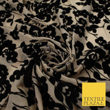 Beige with Black Flocked Flowers Soft Lightweight Jersey Stretch Fabric 58" 9289