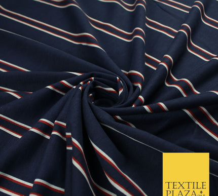 Navy with Red & White Stripe Print Stretch Jersey Fabric 61" WIDE 9285