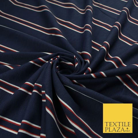 Navy with Red & White Stripe Print Stretch Jersey Fabric 61" WIDE 9285