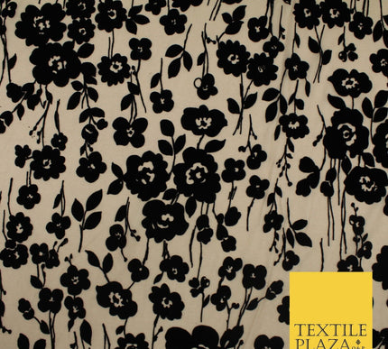 Beige with Black Flocked Flowers Soft Lightweight Jersey Stretch Fabric 58" 9289