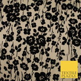 Beige with Black Flocked Flowers Soft Lightweight Jersey Stretch Fabric 58" 9289