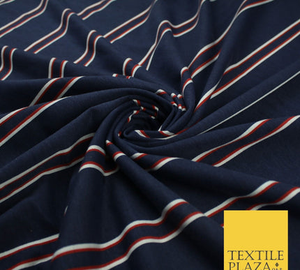 Navy with Red & White Stripe Print Stretch Jersey Fabric 61" WIDE 9285