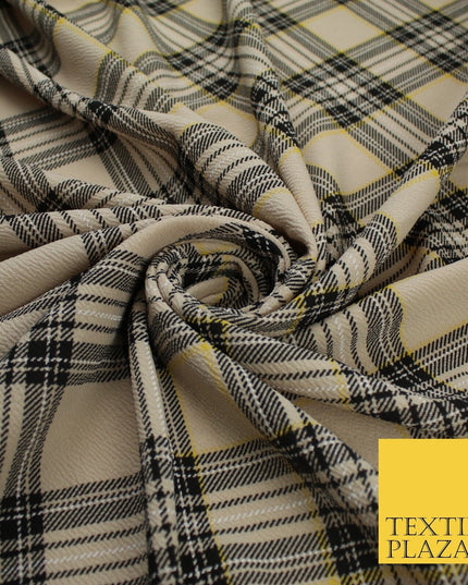 Beige & Black Check Tartan Print Soft Touch Stretch Jersey Fabric 62" WIDE 9279