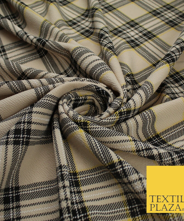 Beige & Black Check Tartan Print Soft Touch Stretch Jersey Fabric 62" WIDE 9279
