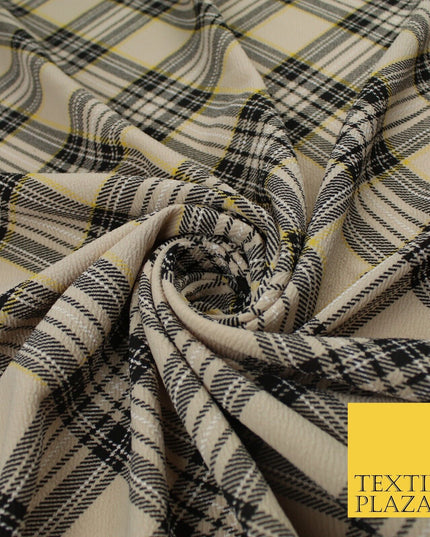 Beige & Black Check Tartan Print Soft Touch Stretch Jersey Fabric 62" WIDE 9279