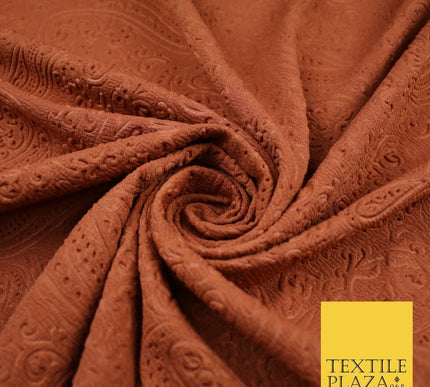 Rust Orange Self Print Embossed Paisley Stretch Jersey Fabric 56" 9275
