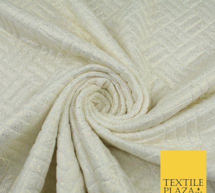 Cream with Metallic Gold Tiled Square Design Stretch Jersey Fabric 58" 9278