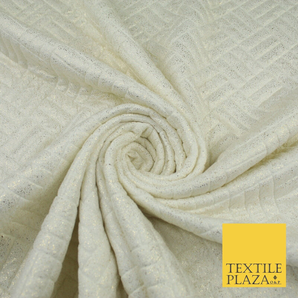 Cream with Metallic Gold Tiled Square Design Stretch Jersey Fabric 58" 9278