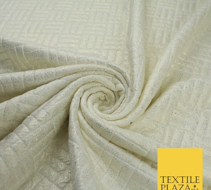 Cream with Metallic Gold Tiled Square Design Stretch Jersey Fabric 58" 9278
