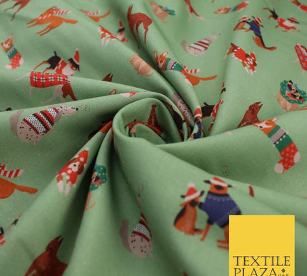 Sage Green Christmas Dogs Print 100% Cotton Printed Fabric 58" 10210