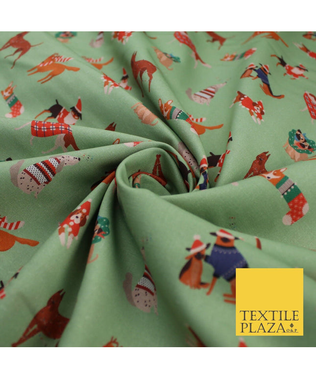 Sage Green Christmas Dogs Print 100% Cotton Printed Fabric 58" 10210